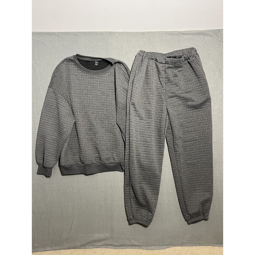 SHEIN Women's Charcoal Grey Waffle Knit Pullover Sweatshirt & Jogger‎ Set Size L